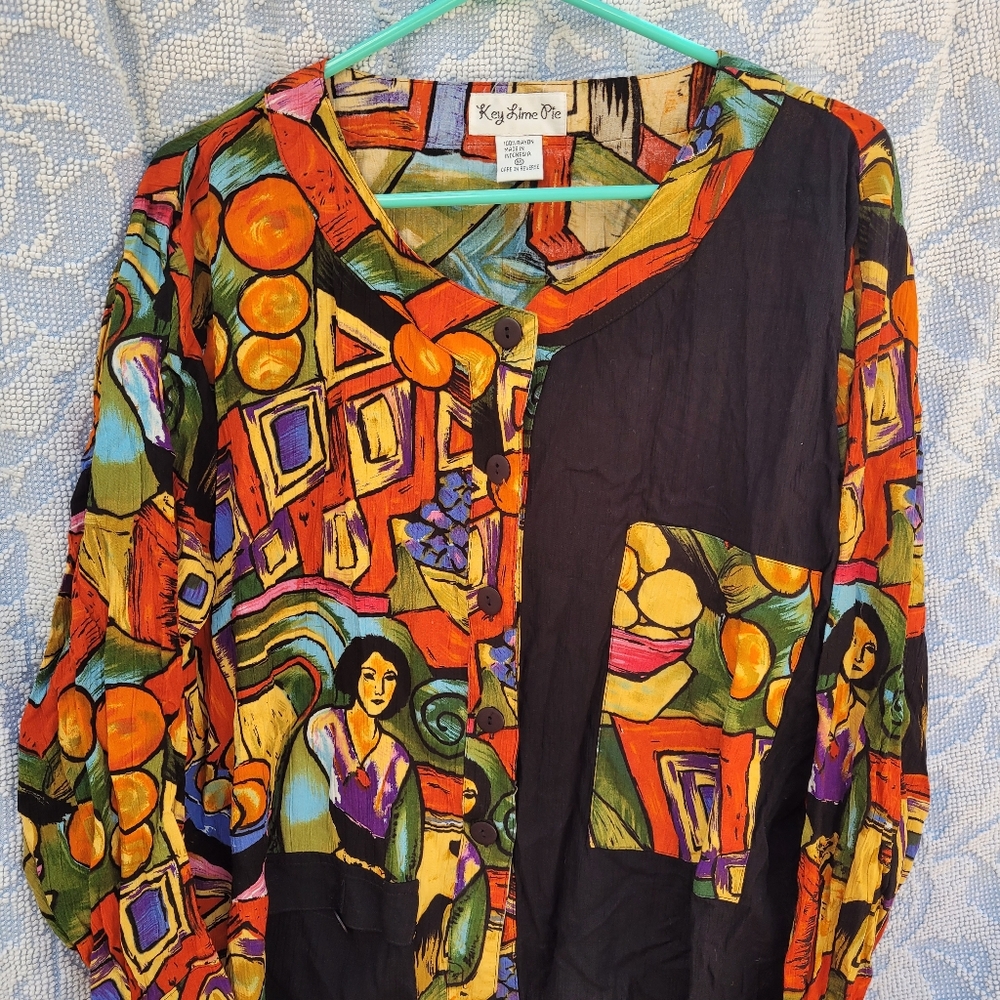 Vintage Key Lime Pie Top Long Sleeve Abstract Art Asian Japanese M Rare